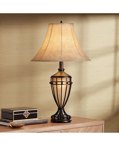 Franklin Iron Works Cardiff Rustic Table Lamp 33" Tall Brushed Iron with Nightlight Beige Fabric Shade for Bedroom Living Room Bedside Nightstand