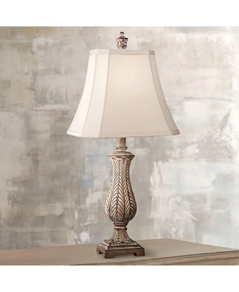 Traditional Country Cottage Table Lamp 25" High Antique Gold Leaves Petite Vase Off White Rectangular Shade Decor for Living Room Bedroom House Bedsid