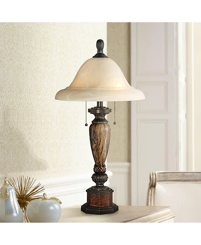 Sonnett Traditional Vintage like Table Lamp 28" Tall Warm Bronze Faux Marble Alabaster Glass Mushroom Shade for Living Room Bedroom House Bedside