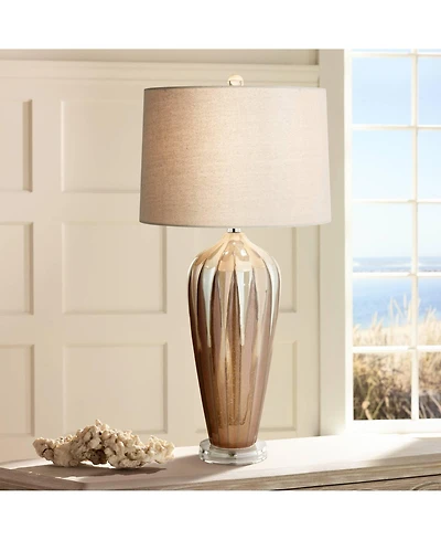 Possini Euro Design Loren Modern Mid Century Table Lamp 28 1/4" Tall Ivory Drip Glaze Ceramic Fabric Drum Shade for Bedroom Living Room Bedside H