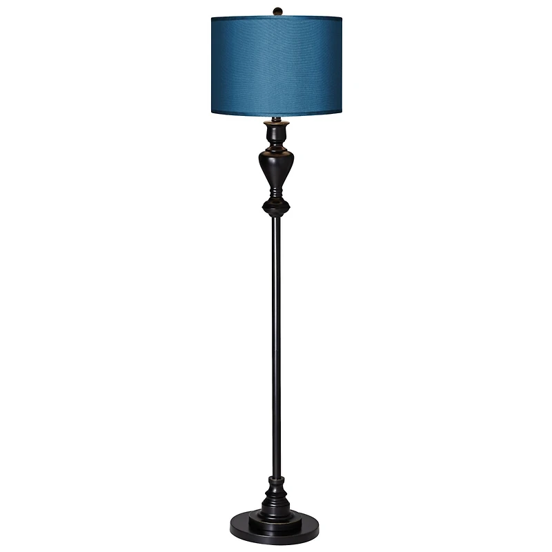 Modern Style Standing Floor Lamp 58" Tall Black Bronze Soft Gold Edging Metal Textured Blue Faux Silk Drum Shade Decor for Living Room Reading House B