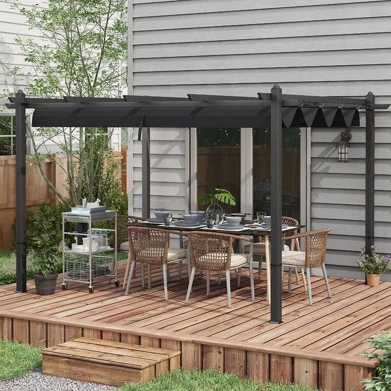 Outsunny 10'x13' Retractable Pergola with Wood Grain Aluminum Frame,