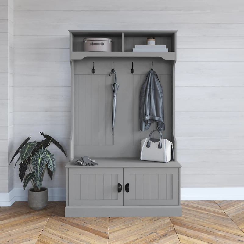 Hall Tree With Double Door Entryway Storage Bench, 4 Hook Coat Rack, Top Cubbies