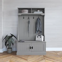 Hall Tree With Double Door Entryway Storage Bench, 4 Hook Coat Rack, Top Cubbies
