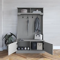 Hall Tree With Double Door Entryway Storage Bench, 4 Hook Coat Rack, Top Cubbies