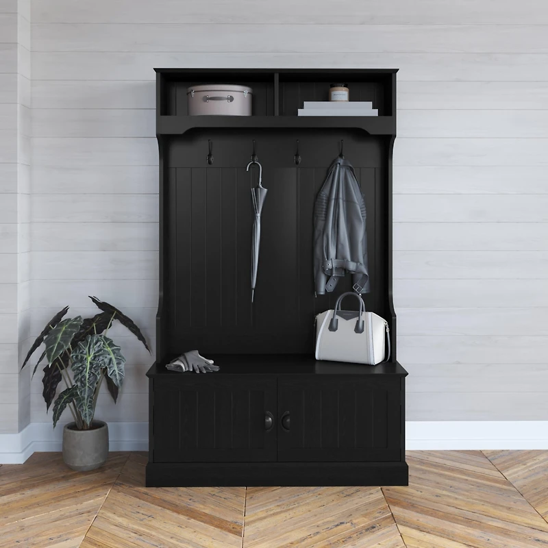 Hall Tree With Double Door Entryway Storage Bench, 4 Hook Coat Rack, Top Cubbies