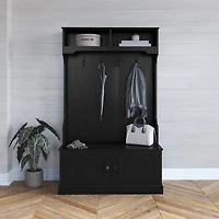 Hall Tree With Double Door Entryway Storage Bench, 4 Hook Coat Rack, Top Cubbies