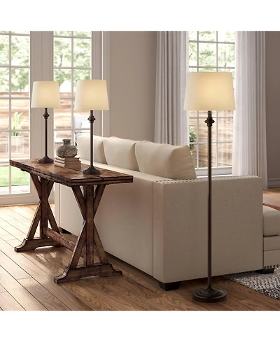 360 Lighting Carter Traditional 3 Piece Floor Table Lamp Set Bronze Metal Oatmeal Drum Shade for Bedroom Living Room Bedside Nightstand Office House