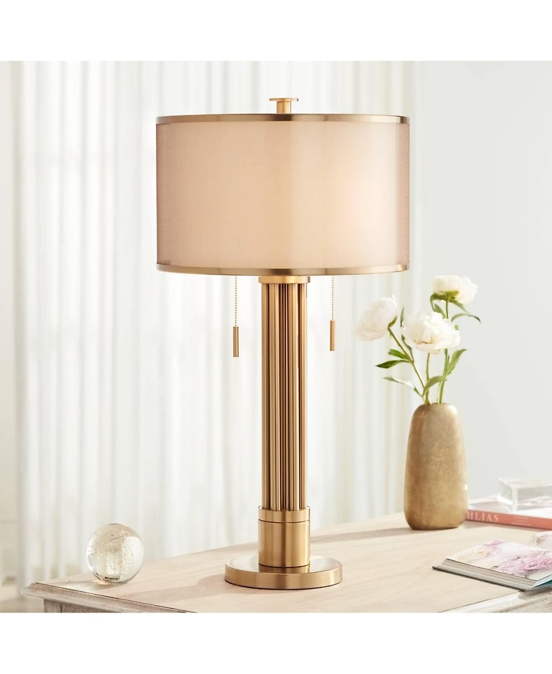 Possini Euro Design Granview Modern Table Lamp 32 1/2" Tall Brass Column Taupe Organza Outer Off White Linen Inner Drum Shade for Bedroom Living