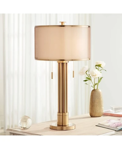 Possini Euro Design Granview Modern Table Lamp 32 1/2" Tall Brass Column Taupe Organza Outer Off White Linen Inner Drum Shade for Bedroom Living