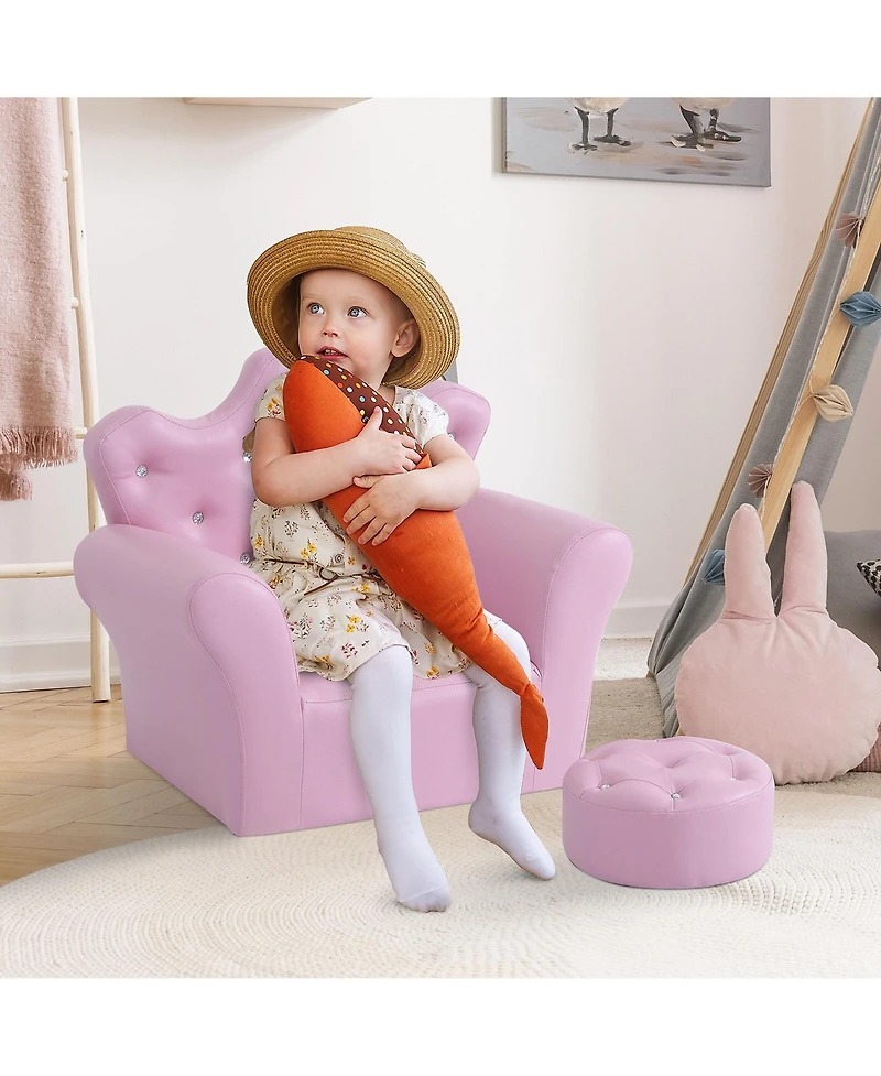 Qaba Kids Sofa Set, Children's Upholstered Sofa with Footstool, Princess Sofa with Diamond Decorations, Baby Sofa Chair for Toddlers, Girls, Pink