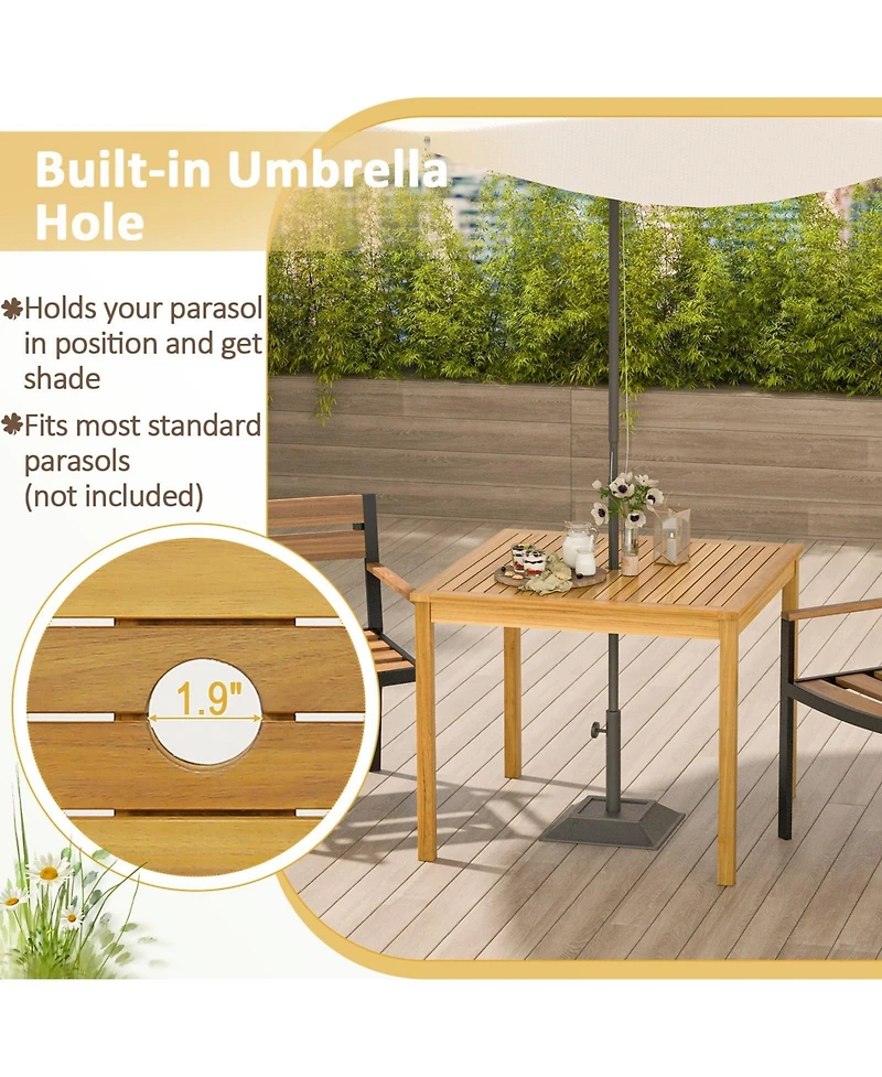 36" Square Acacia Wood Outdoor Patio Dining Table with Umbrella Hole