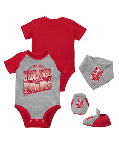 Baby Boys and Girls Mitchell & Ness Scarlet, Heather Gray Nebraska Huskers 3-Pack Bodysuit, Bib and Bootie Set