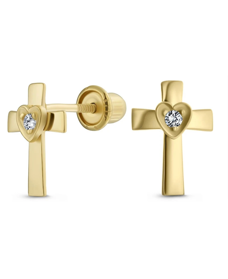 Bling Jewelry Tiny Minimalist Religious Christian Catholic CZ14K Gold Screw back Heart Cross Stud Earrings