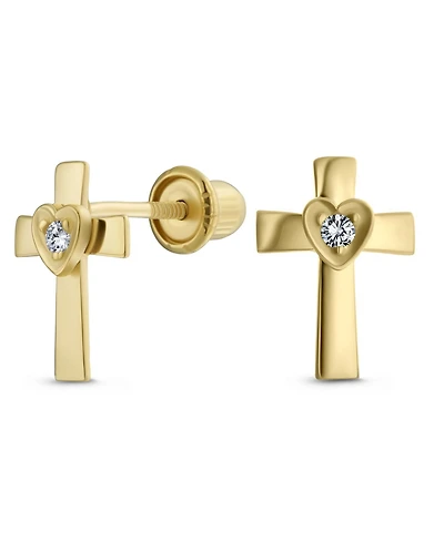 Bling Jewelry Tiny Minimalist Religious Christian Catholic CZ14K Gold Screw back Heart Cross Stud Earrings