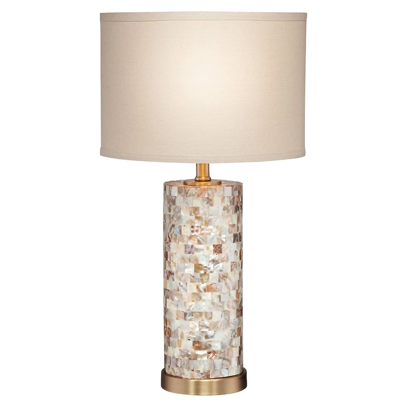 Margaret Coastal Accent Table Lamp 23" High Mother of Pearl Tile Cylinder Glass Cream Linen Fabric Drum Shade for Living Room Bedroom Beach House