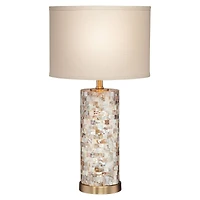 Margaret Coastal Accent Table Lamp 23" High Mother of Pearl Tile Cylinder Glass Cream Linen Fabric Drum Shade for Living Room Bedroom Beach House