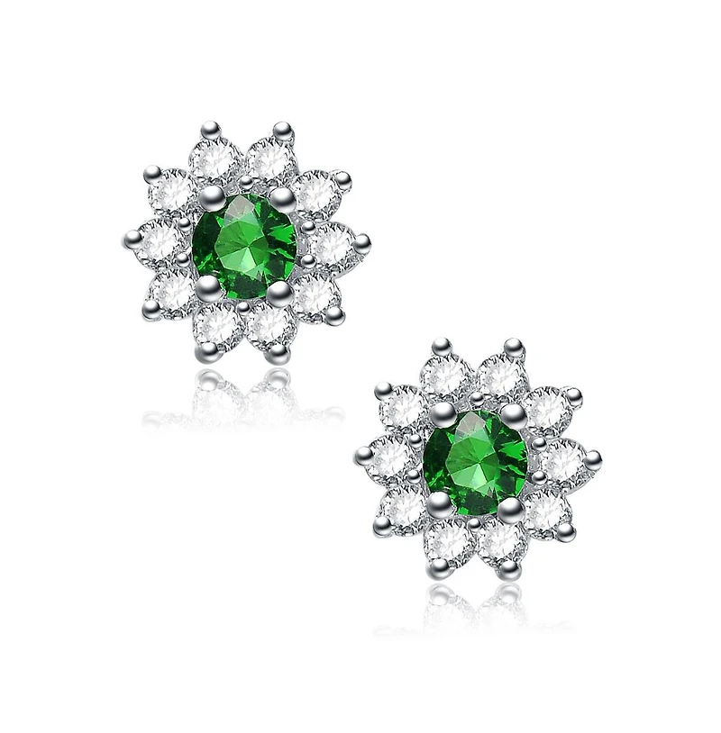 Sterling Silver White Gold Plated With Round Green and Flower Petals Earrings