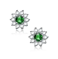 Sterling Silver White Gold Plated With Round Green and Flower Petals Earrings
