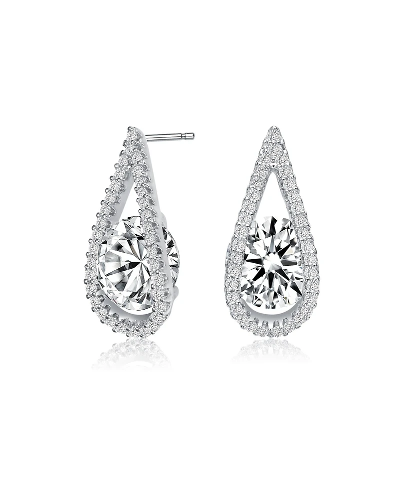 Sterling Silver with White Gold Plated Clear Round Cubic Zirconia Pear Frame Halo Earrings