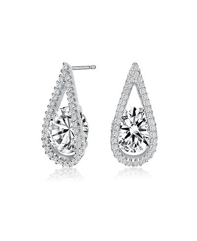 Sterling Silver with White Gold Plated Clear Round Cubic Zirconia Pear Frame Halo Earrings