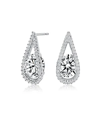 Sterling Silver with White Gold Plated Clear Round Cubic Zirconia Pear Frame Halo Earrings