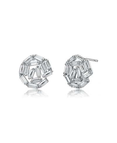 Sterling Silver with White Gold Plated Baguette Cubic Zirconia Bundle Stud Earrings