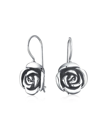 Bling Jewelry Rose Flower Drop Earrings French Wire Black Oxidized Sterling Silver