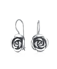Bling Jewelry Rose Flower Drop Earrings French Wire Black Oxidized Sterling Silver