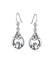 Bling Jewelry Friendship Bff Heart Circle Irish Love Symbol Celtic Claddagh Dangle Earrings Oxidized Sterling Silver Fish Hook