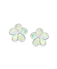 Bling Jewelry White Plumeria Flower Created Opal Stud Earrings Sterling Silver 10MM