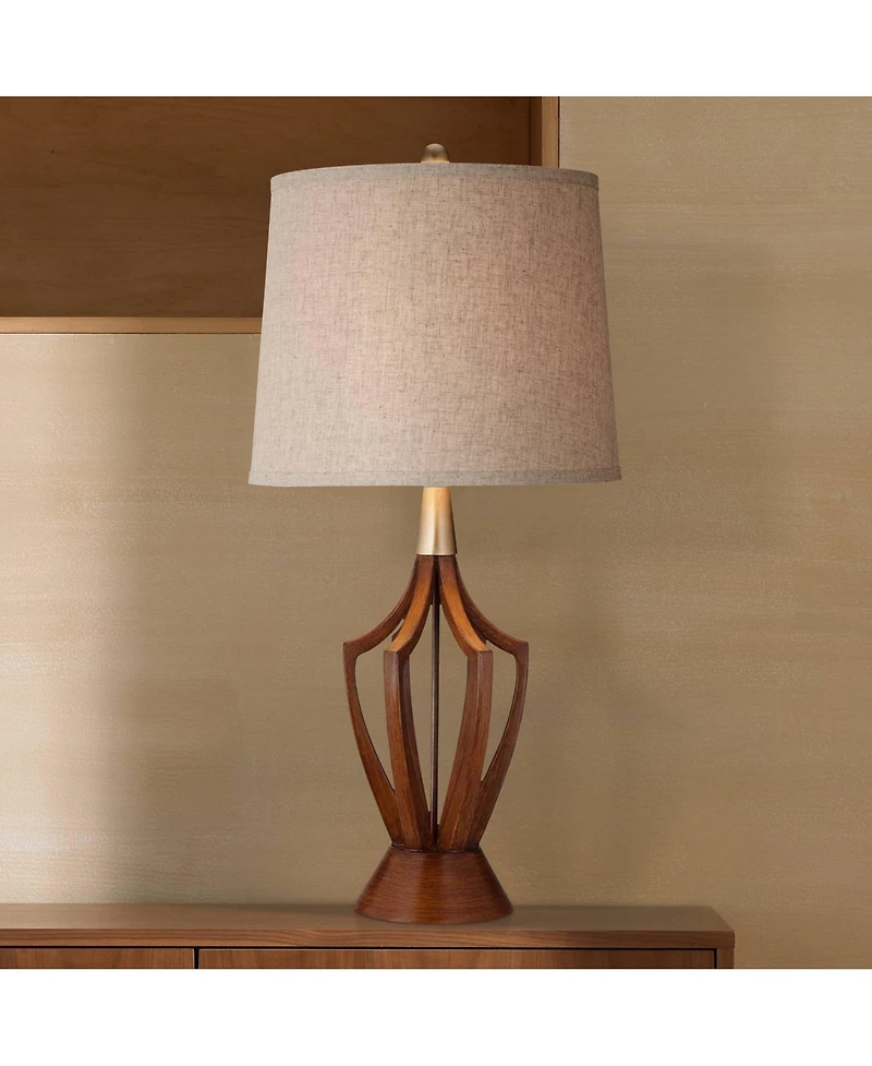360 Lighting St. Claire Modern Mid Century Table Lamp 30 3/4" Tall Wood Open Vase Taupe Drum Shade for Bedroom Living Room Bedside Nightstand Off