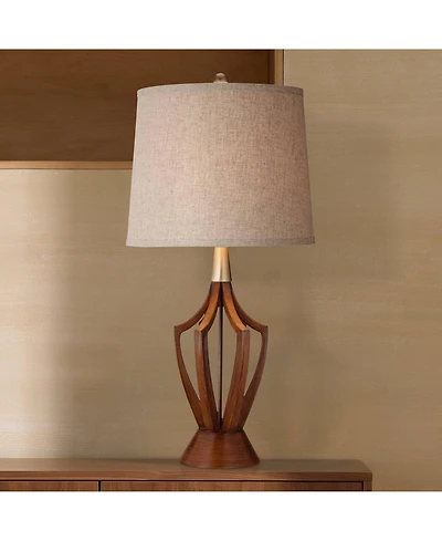 360 Lighting St. Claire Modern Mid Century Table Lamp 30 3/4" Tall Wood Open Vase Taupe Drum Shade for Bedroom Living Room Bedside Nightstand Off