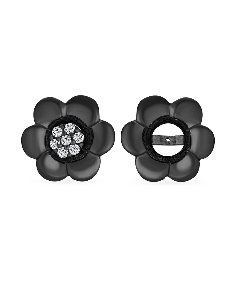 Bling Jewelry 2 In 1 Removable Jackets Simple Danity Pave Cz Stud Center with Petal Flower Jacket Rose Stud Earrings Black Plated Sterling Silver