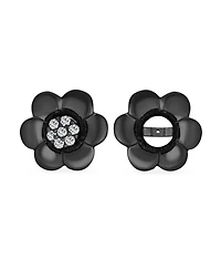 Bling Jewelry 2 In 1 Removable Jackets Simple Danity Pave Cz Stud Center with Petal Flower Jacket Rose Stud Earrings Black Plated Sterling Silver
