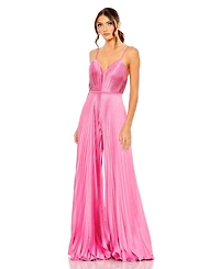 Mac Duggal Women's Pleated Plunge Neck Wide Leg Jumpsuit