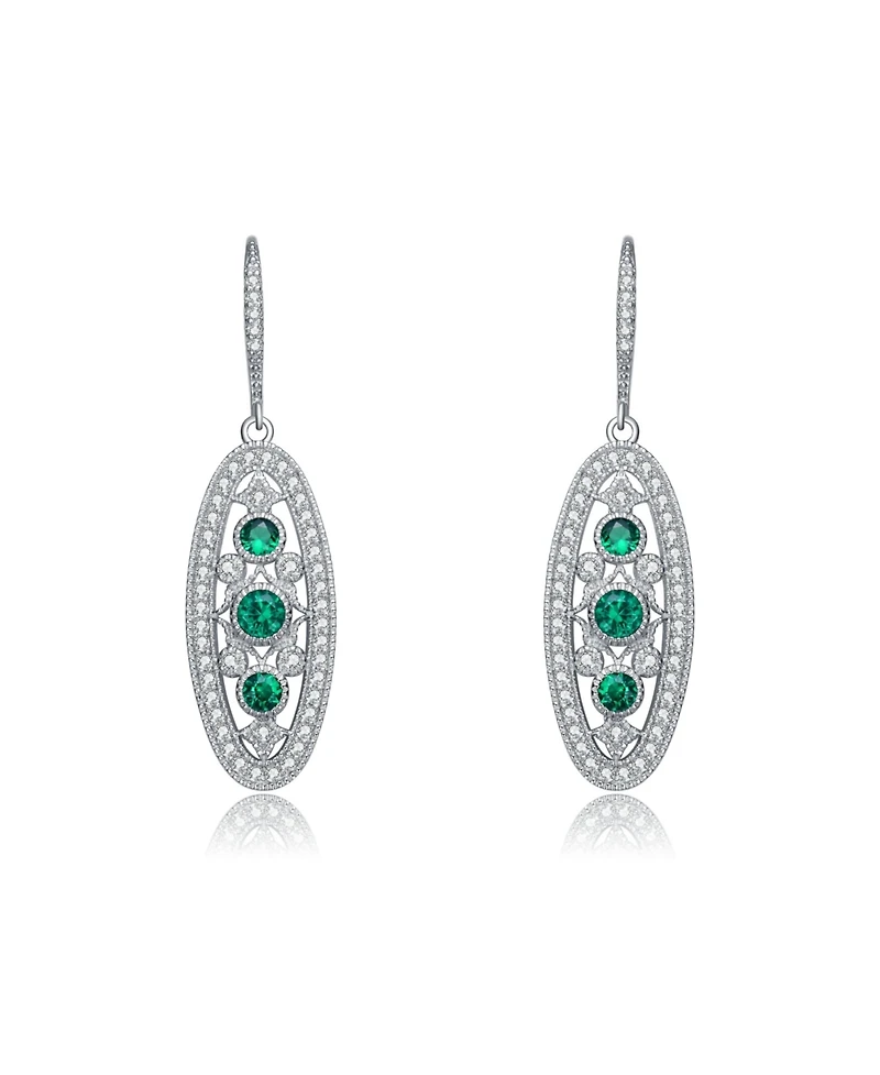 Sterling Silver White Gold Plated with Colored Cubic Zirconia Oval Drop Earrings