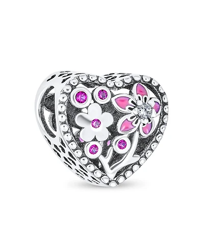 Bling Jewelry Valentine Cz Accent Love Grows With Pink Red Enamel Flower Heart Shape Charm Bead Sterling Silver Fits European Bracelet