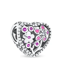 Bling Jewelry Valentine Cz Accent Love Grows With Pink Red Enamel Flower Heart Shape Charm Bead Sterling Silver Fits European Bracelet