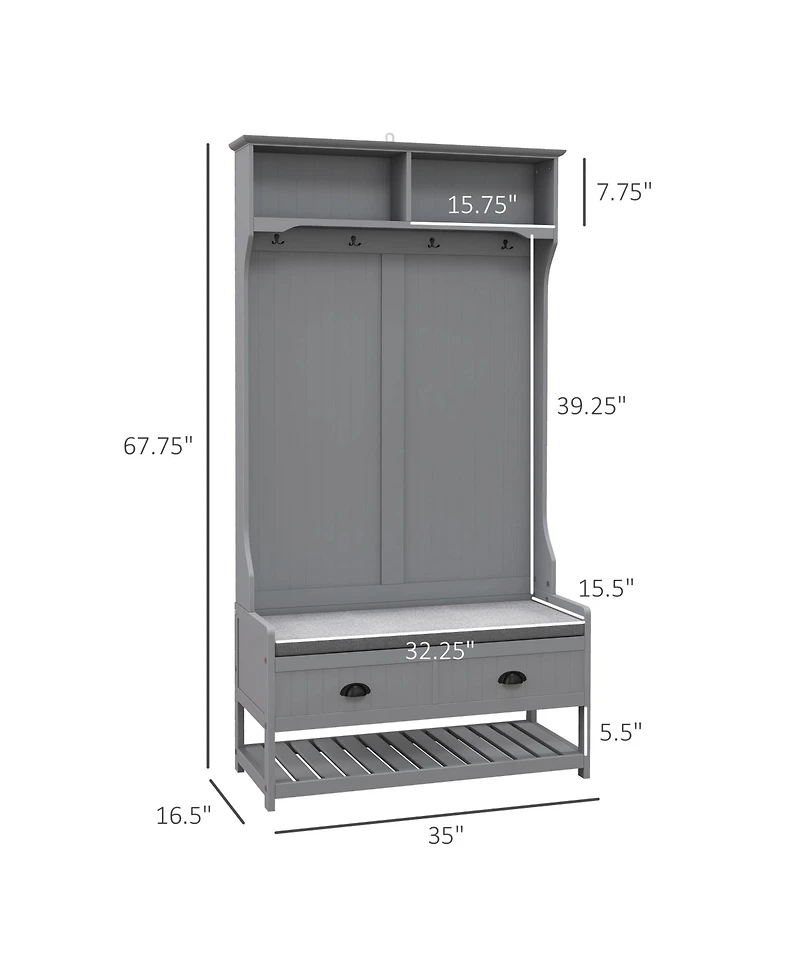 Homcom Hall Tree, Coat Rack and Bench Seat with 4 Hooks, 2 Drawers,
