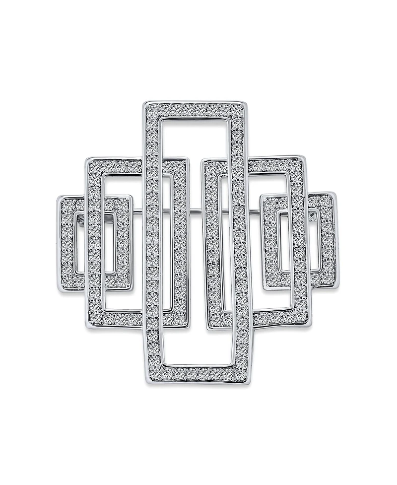 Bling Jewelry Art Deco Large Rectangular Pave Cubic Zirconia Brooch Pin Silver Tone Rhodium Plated Brass