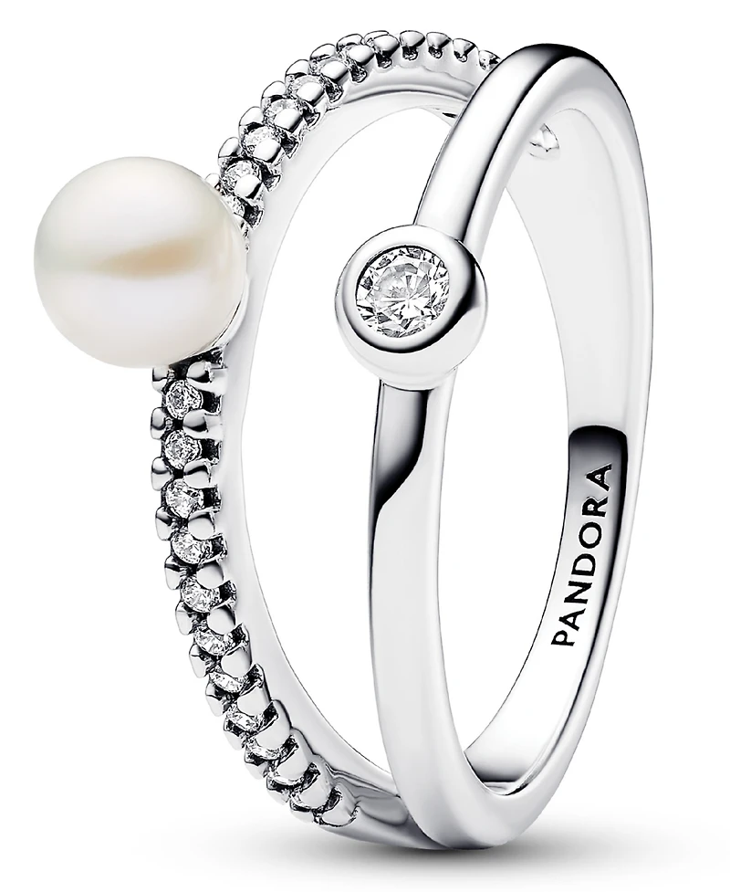 Pandora Sterling Silver Timeless Treated Freshwater Cultured Pearl Pave Double Band Ring