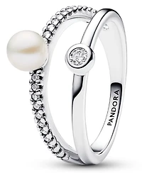 Pandora Sterling Silver Timeless Treated Freshwater Cultured Pearl Pave Double Band Ring