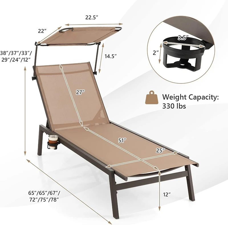 Inolait Outdoor Chaise Lounge Chair with Sunshade and 6 Adjustable Position