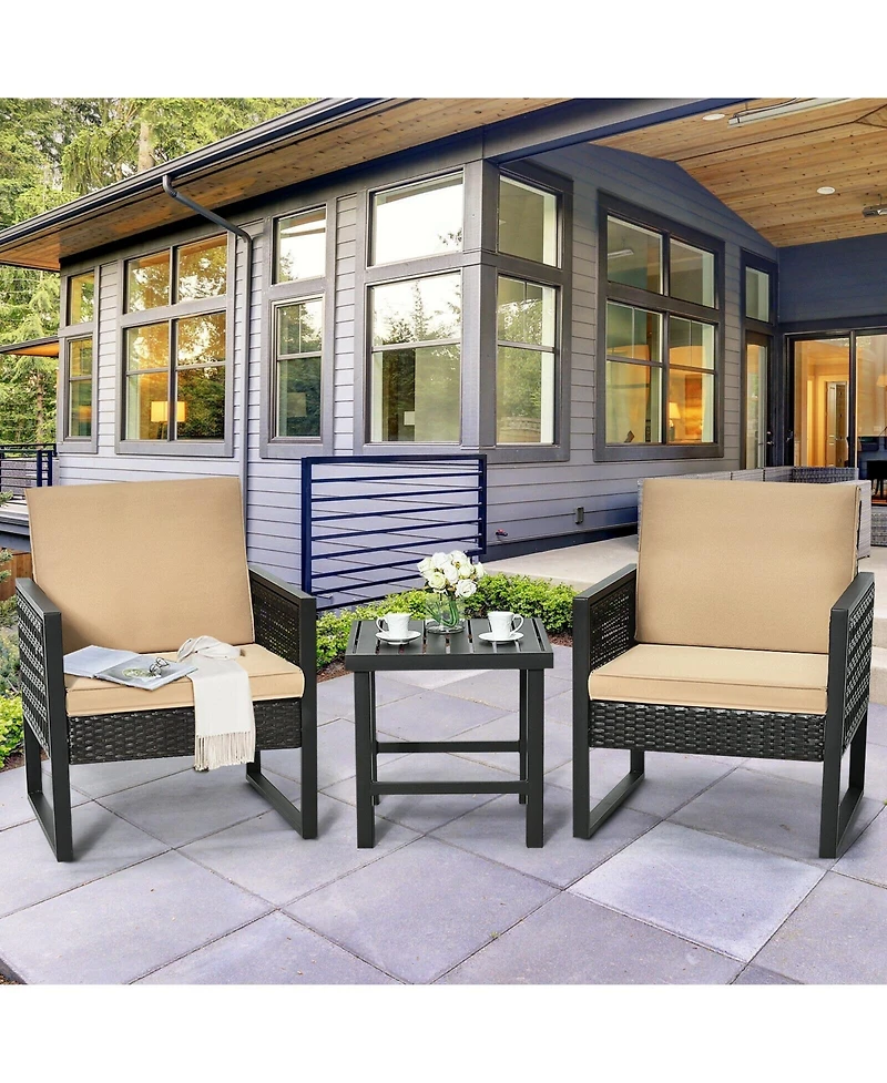 Vebreda 3 Pieces Patio Rattan Bistro Cushioned Furniture Set