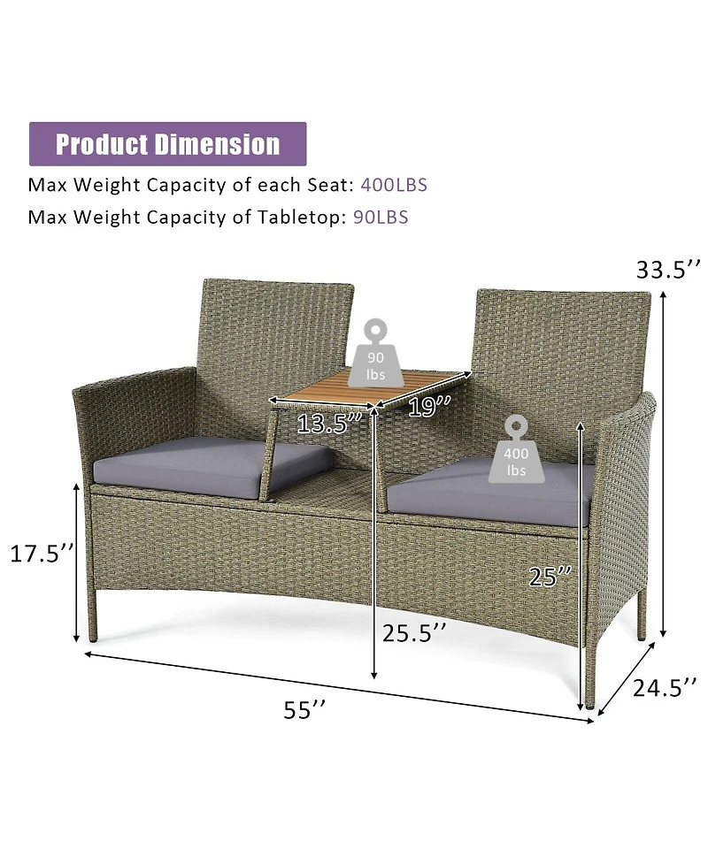 Sugift 2-Person Patio Rattan Conversation Furniture Set with Coffee Table