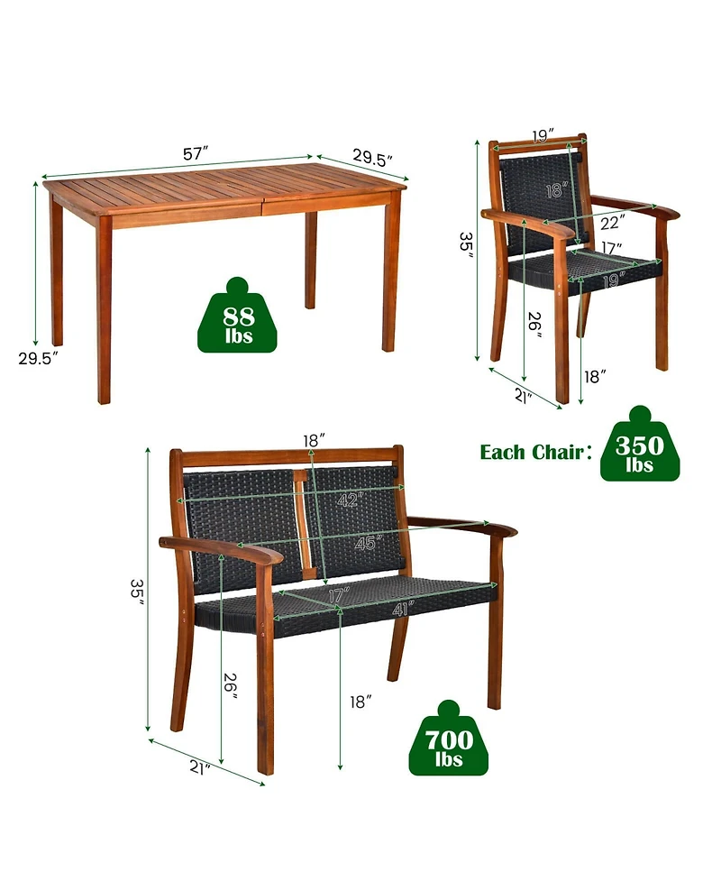 Vebreda 4 Pieces Acacia Wood Patio Rattan Dining Furniture Set