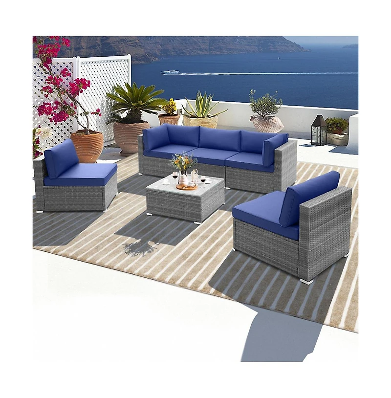 6 Piece Patio Conversation Sofa Set with Tempered Glass Coffee Table