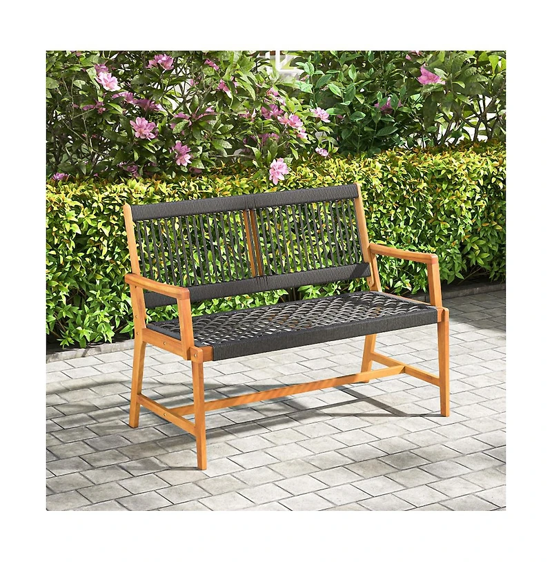 Outdoor Acacia Wood Bench with Backrest and Armrests