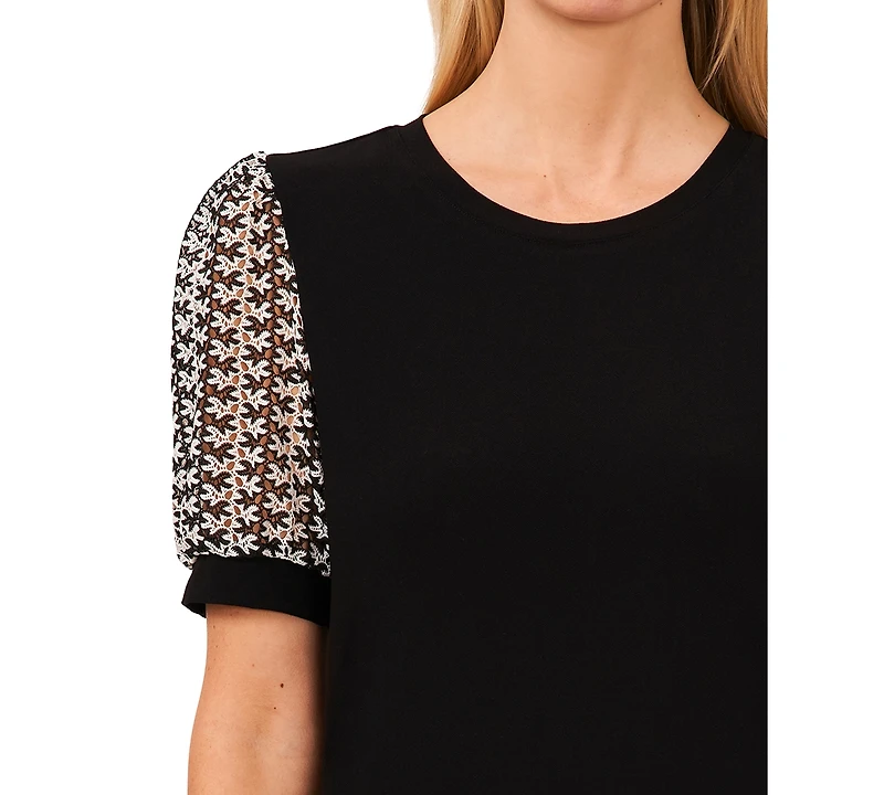 CeCe Women's Crochet Puff-Sleeve Mixed-Media Knit Top